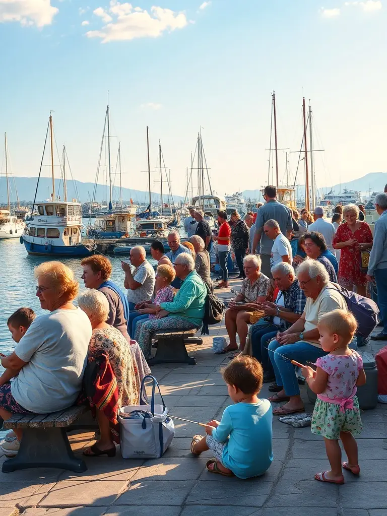 A vibrant scene from a CHALVIGNAC PECHE LOISIR community event at Nauzenac port, featuring families and individuals enjoying fishing-related activities.