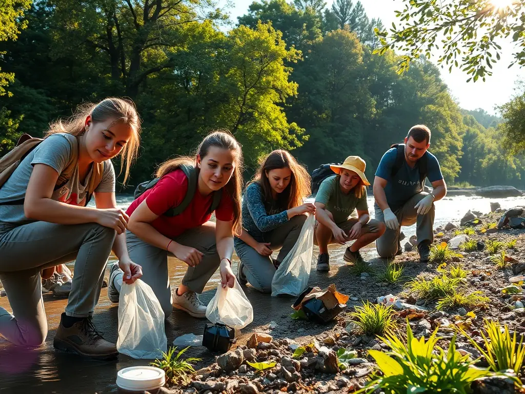 A serene photograph of volunteers cleaning up the shoreline at Aigle Dam, emphasizing the organization's commitment to environmental conservation.