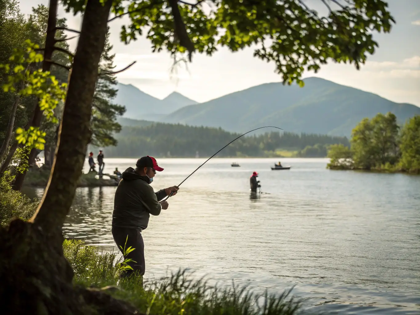 An image of participants enthusiastically competing in the annual fishing competition at Aigle Dam, highlighting the excitement and camaraderie of the event.
